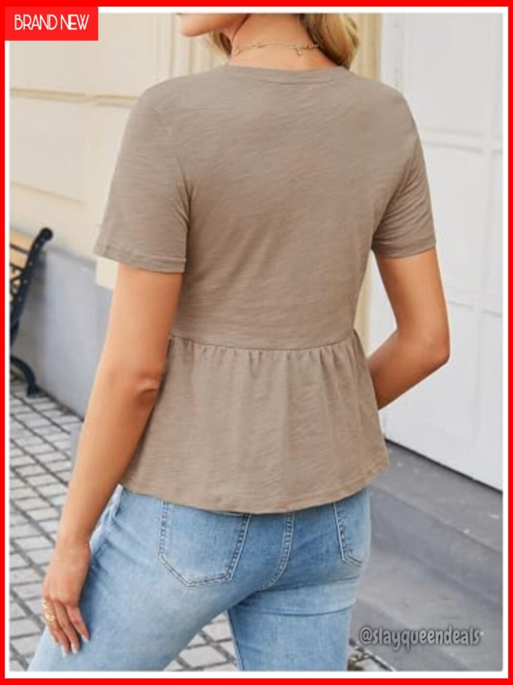Short Sleeve Peplum Top Crew Neck Casual Basic Tee - Picture 2 of 6